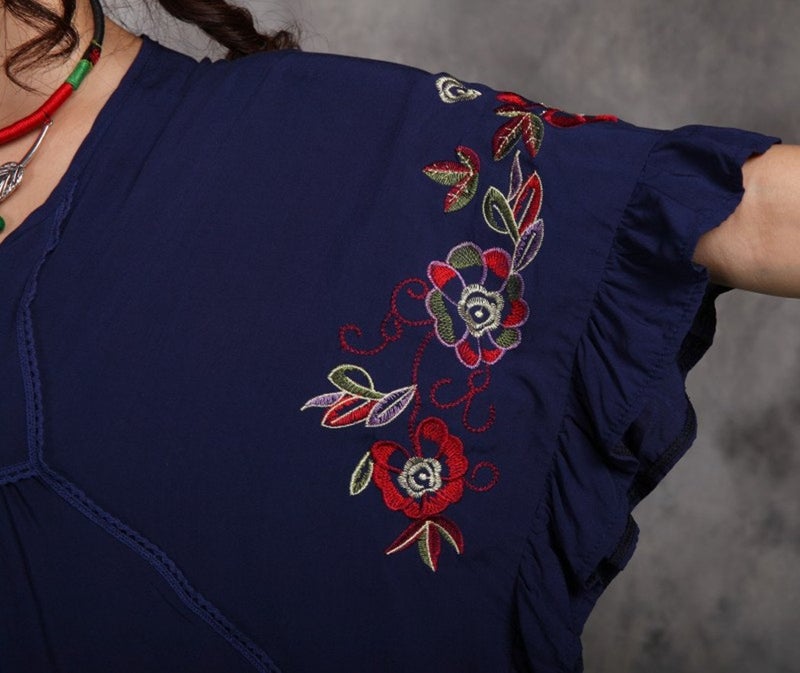 Kafeimali Women's Tops Batwing Floral Embroidered Loose Peasant Mexican Blouse (Navy Blue) - Image 4